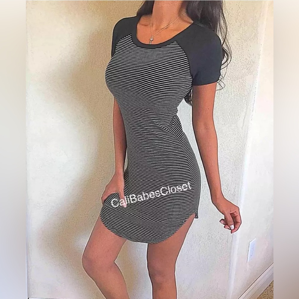 🌸2/$30 🌸NEW Black White Sporty Preppy Stripe Casual Flattering Mini Dress 505